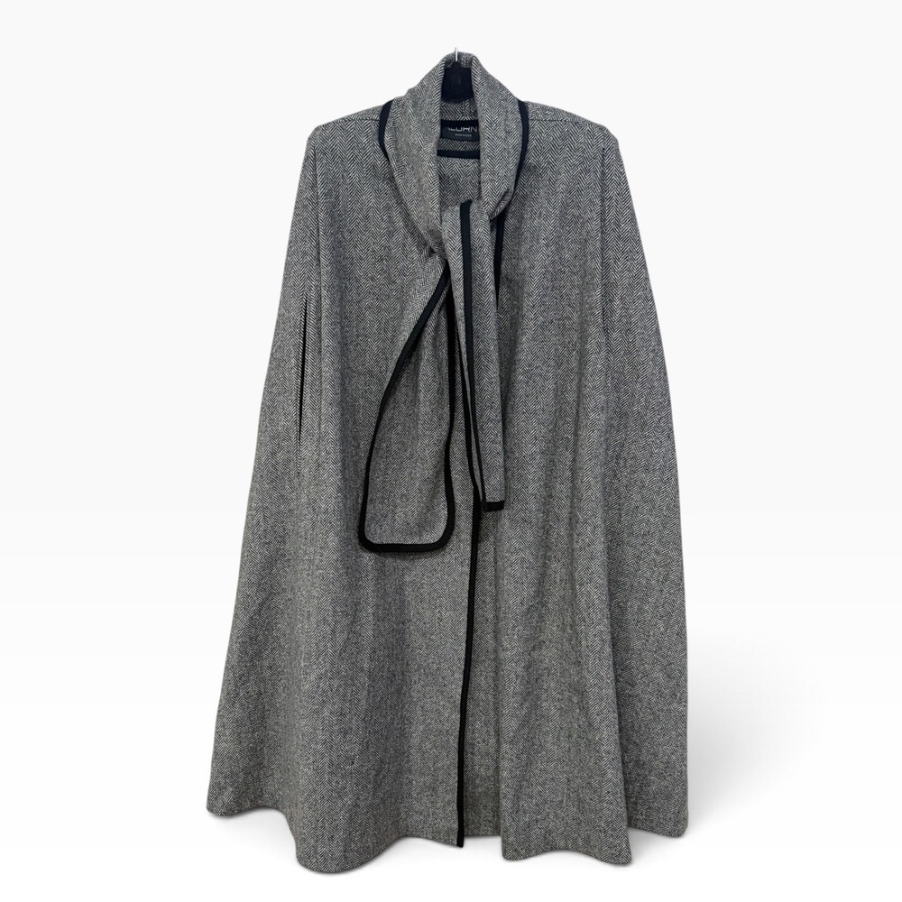 Vintage Alorna Womens Cape Coat Herringbone Wool Blend Scarf Neck USA OS Gray l